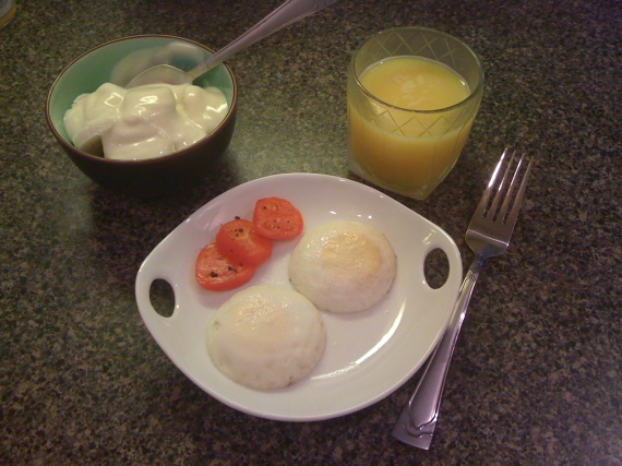 poached eggs, yogurt and orange juice